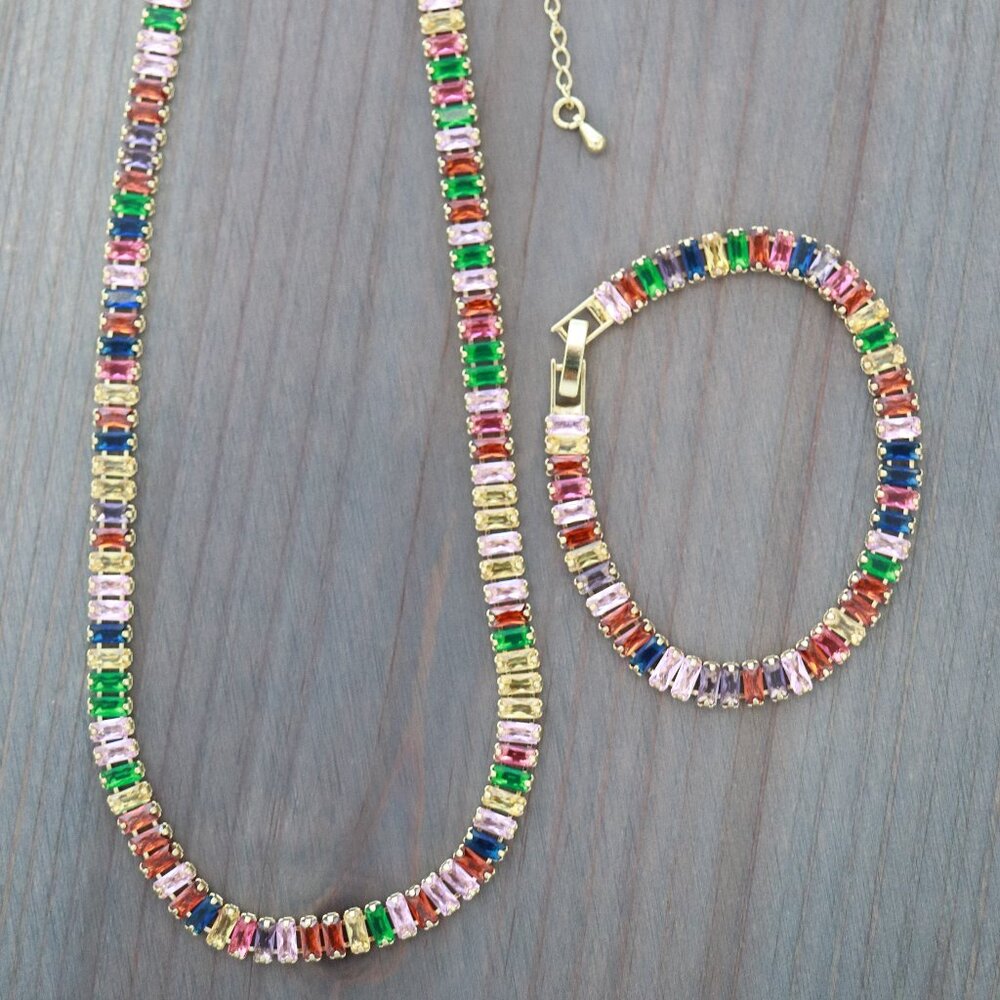 Multicolor Baguette Cut CZ Diamond Tennis Style Necklace/Bracelet Jewelry